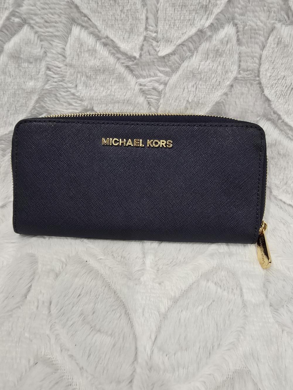 Michael Kors Navy Zip Around Saffiano Wallet with Gold Hardware